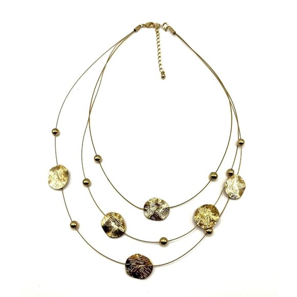 Gold Tone Layered Necklace With Textured Discs/Dots & Beads - Picture 2 of 4